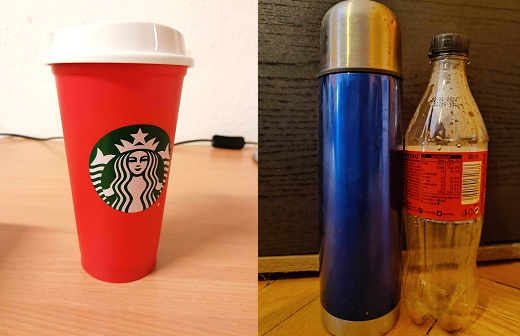 Újrahasználható Starbucks pohár, termosz és műanyag flakon.